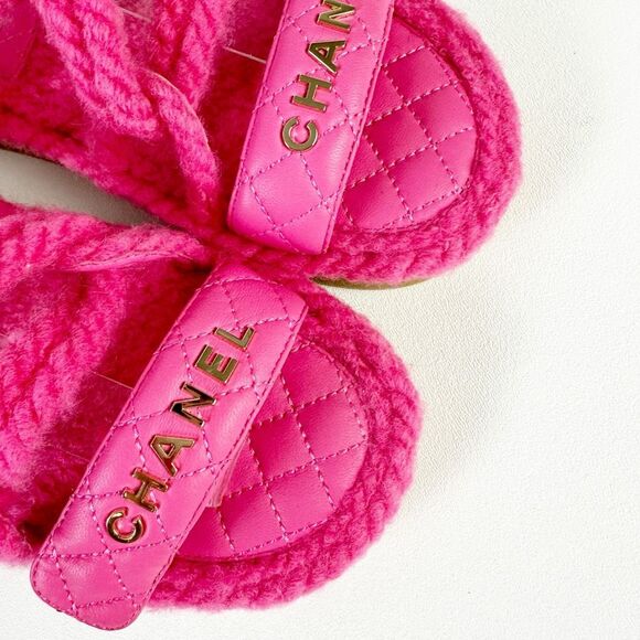 CHANEL Pink Rope CC Dad Sandals Size 37 Open Toe Gladiator Slingback Fuzzy - Picture 4 of 13